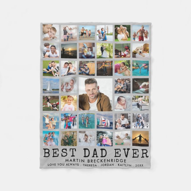 BEST DAD EVER Photo Collage Your Text Grey Fleece Blanket (Front)