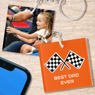 Best Dad Ever Photo Racing Chequered Flags Orange Keychain
