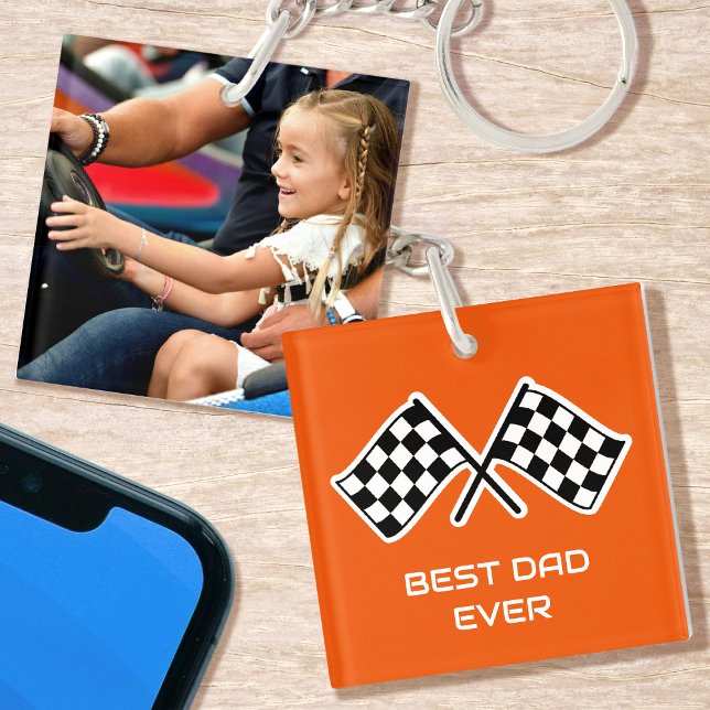 Best Dad Ever Photo Racing Chequered Flags Orange Keychain (Creator Uploaded)