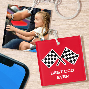 Best Dad Ever Photo Racing Chequered Flags Red Keychain