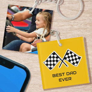 Best Dad Ever Photo Racing Chequered Flags Yellow Keychain