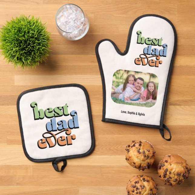 Best Dad Ever Photo Retro Text Oven Mitt & Pot Holder Set (Top Down)