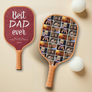 Best Dad Ever Red Leather Print 6 Photo Collage Pickleball Paddle