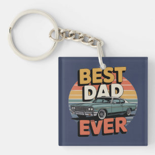 Best Dad Ever Retro Vintage Teal Muscle Car Keychain