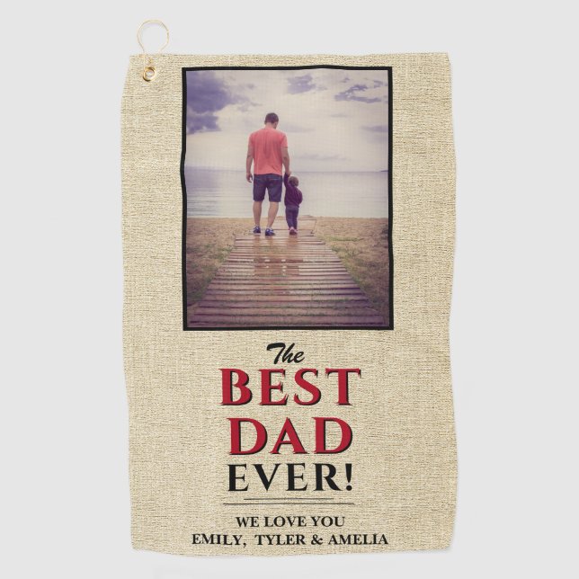Best Dad Ever Typography Rustic Beige Photo Golf Towel (Front)