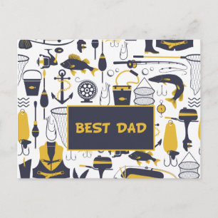 Best Dad Fishing Equipment in Blue and Gold Postcard