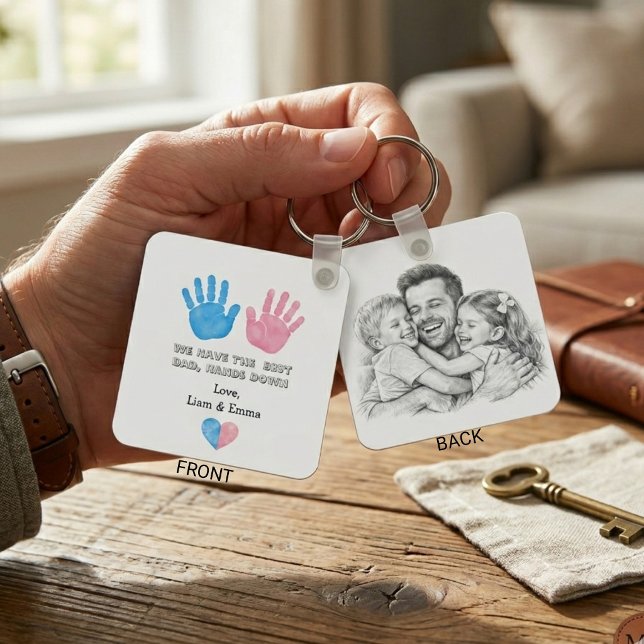 Best Dad Hands Down Watercolor Handprints Custom K Keychain (Creator Uploaded)