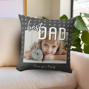 Best Dad Heart Pattern Grey Photo Father`s Day  Throw Pillow