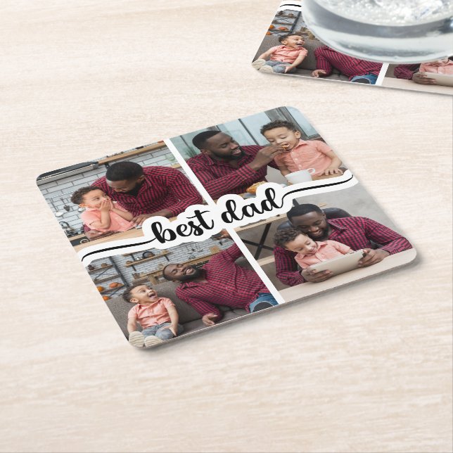 Best Dad Personalized 4 Photo Collage Square Paper Coaster (Angled)