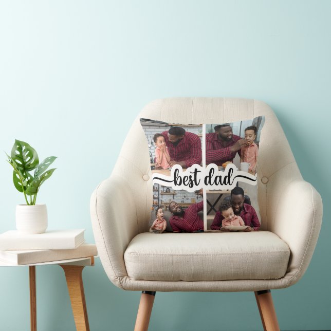 Best Dad Personalized 4 Photo Collage Throw Pillow (Chair)
