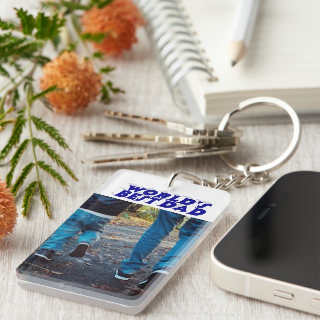 Best Dad photo blue 3d text    Keychain (Front Right)