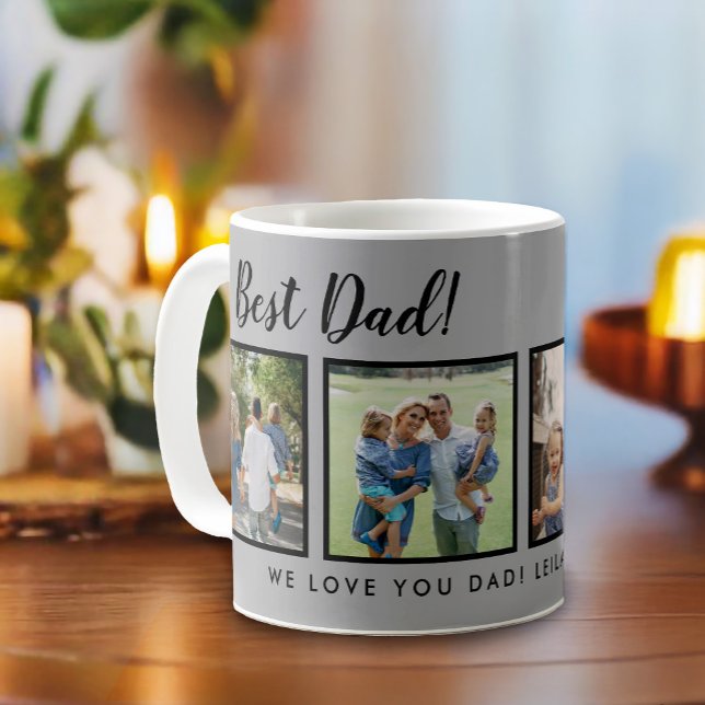 Best Dad! Photos Collage Message Light Grey Coffee Mug (Best dad script font with 6 family photo slots along with a custom message for your number 1 Dad.)