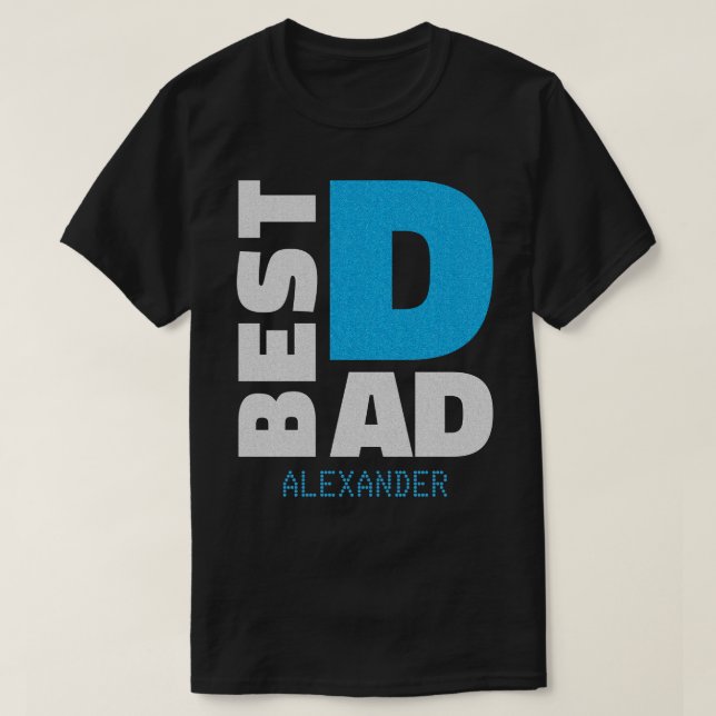 Best Dad Silver Blue Glitter Name Customized T-Shirt (Design Front)