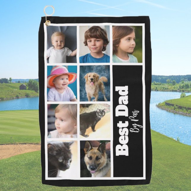 Best Dad Template 9 Family Photo Collage Black Golf Towel (Creator Uploaded)