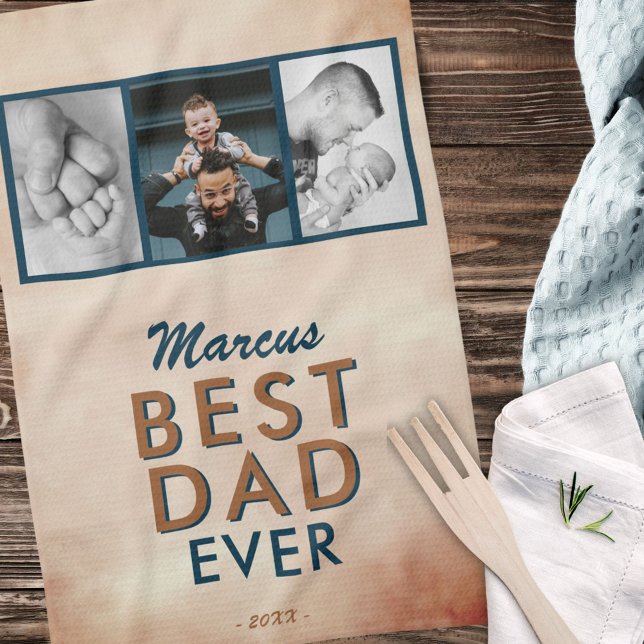 Best Dad Watercolor Father 3 Photo Collage Kitchen Towel (Creator Uploaded)