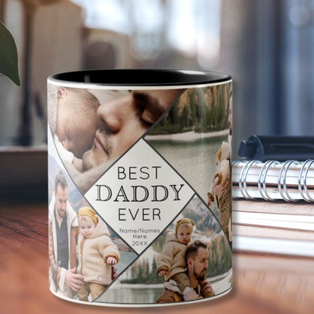 Best Daddy Ever 4 Photo Collage Add Kids Name Date Two-Tone Coffee Mug (Creator Uploaded)