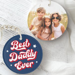 Best daddy ever dad father's day photo blue red keychain<br><div class="desc">Keychain featuring the text "Best daddy ever" in a retro font surrounded by white stars. On the back is a customizable photo template. Default colours are red,  blue and white but all colours can be customized in the design tool.</div>