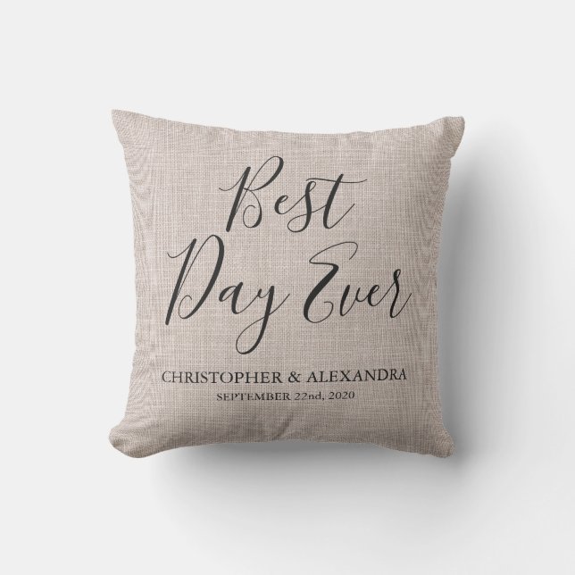 Best Day Ever Beige Linen Wedding Throw Pillow (Front)