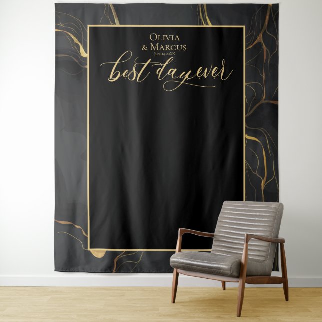 Best Day Ever Black Marble Wedding Photo Backdrop Tapestry (In Situ)