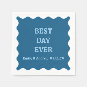 Best Day Ever Blue Chic Scalloped Custom Wedding Napkin