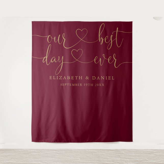 Best Day Ever Burgundy And Gold Script Wedding Tapestry (Front)