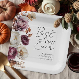Best Day Ever Burgundy Floral Autumn Wedding Paper Plate