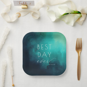 Best Day Ever Cheerful Teal Watercolor Paper Plate