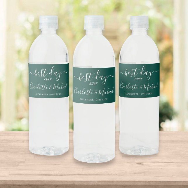 Best Day Ever Elegant Script Emerald Green Wedding Water Bottle Label (Creator Uploaded)