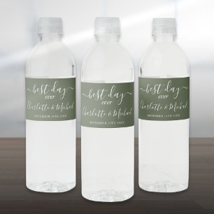 Best Day Ever Elegant Script Olive Green Wedding Water Bottle Label