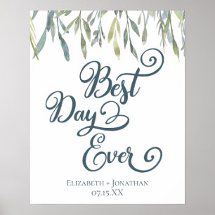 Best Day Ever Elegant Watercolor Greenery Wedding Poster