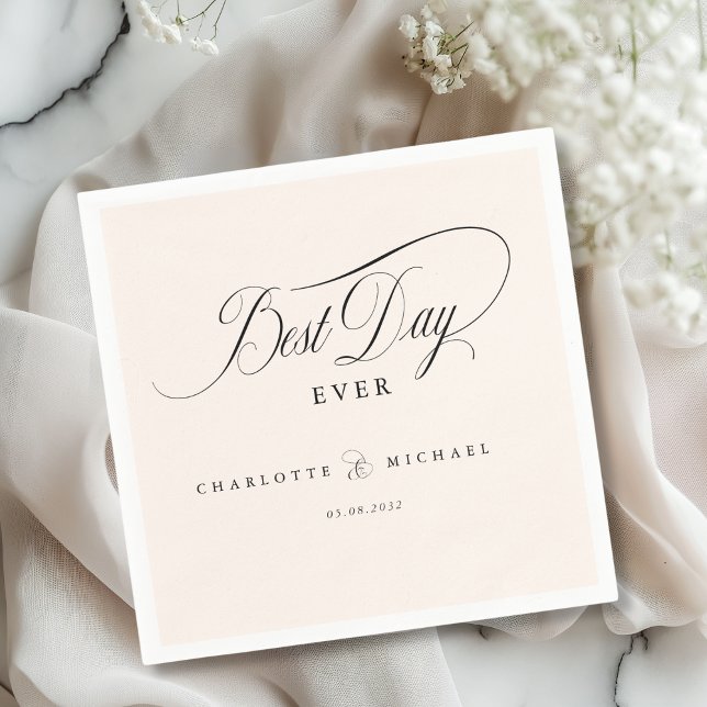 BEST DAY EVER!  Elegant, Wedding Napkin (BEST DAY EVER! Elegant, modern, minimal beige Wedding Napkins with your name and date)