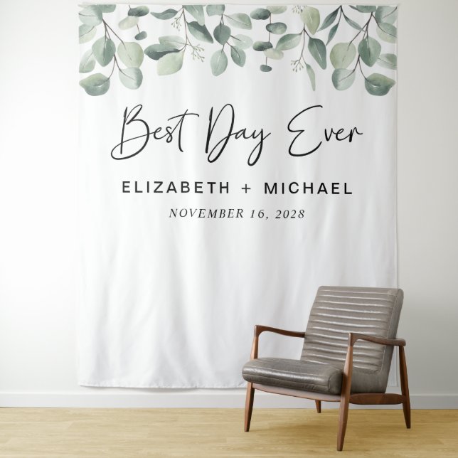 Best Day Ever Eucalyptus Greenery Wedding Tapestry (In Situ)