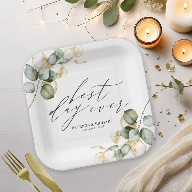 Best Day Ever Gold Greenery Wedding Paper Plate (Creator Uploaded)