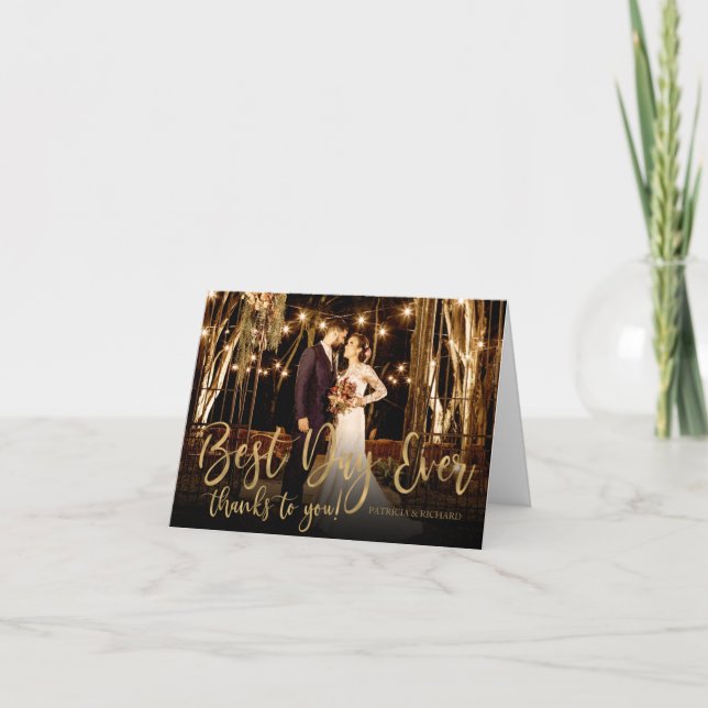 Best Day Ever Gold Script Photo Wedding Thank You Card (Front)