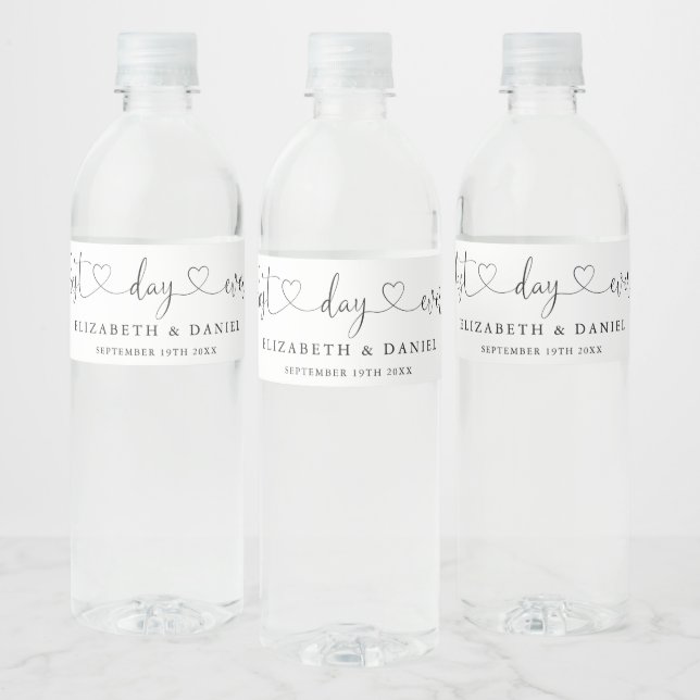 Best Day Ever Heart Script Wedding Water Bottle Label (Bottles)