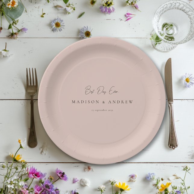 BEST DAY EVER! Modern Minimal Dusty Rose Wedding Paper Plate (BEST DAY EVER! Modern Minimal White Wedding Paper Plates with your Name and date.)