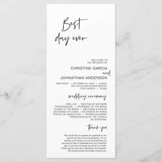 Best day ever, Modern Minimalist Wedding Program (Front)