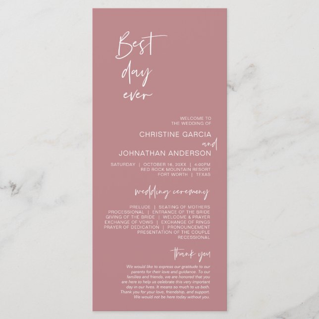 Best day ever, Modern Wedding Dusty Rose Program (Front)