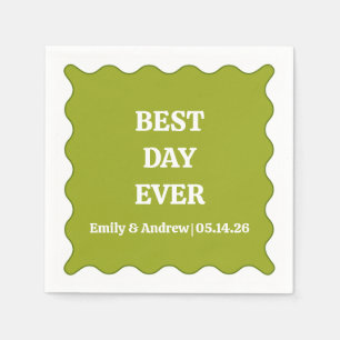 Best Day Ever Olive Green Wavy Custom Wedding Napkin