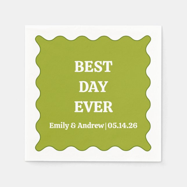 Best Day Ever Olive Green Wavy Custom Wedding  Napkin (Front)