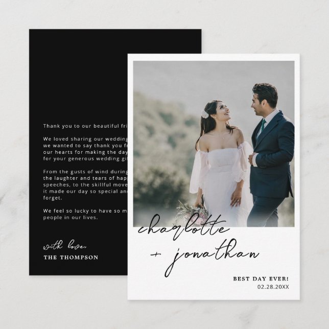 Best Day Ever Photo Calligraphy Black Wedding Thank You Card (Front/Back)