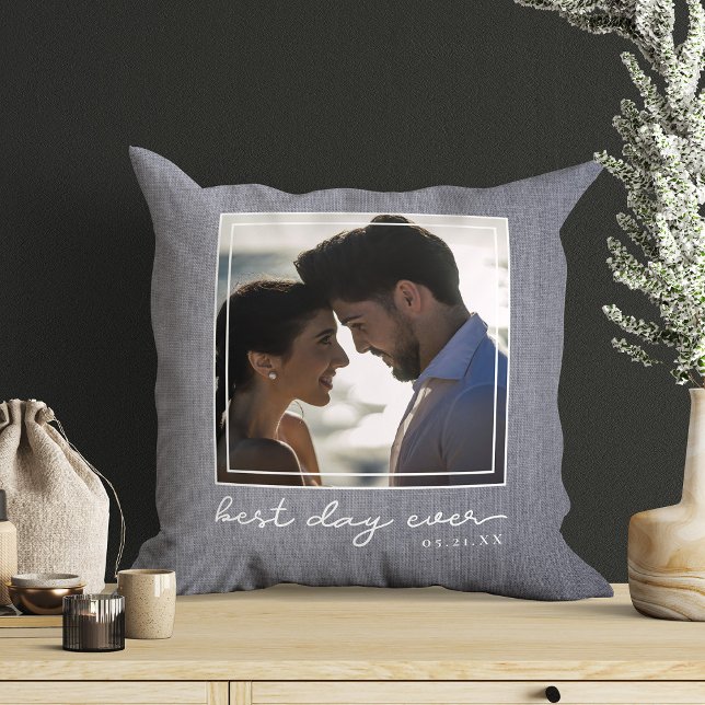 Best Day Ever Photo Script Newlywed Wedding Date Throw Pillow (Celebrate forever! Our 'Best Day Ever' photo script pillow with your wedding date)