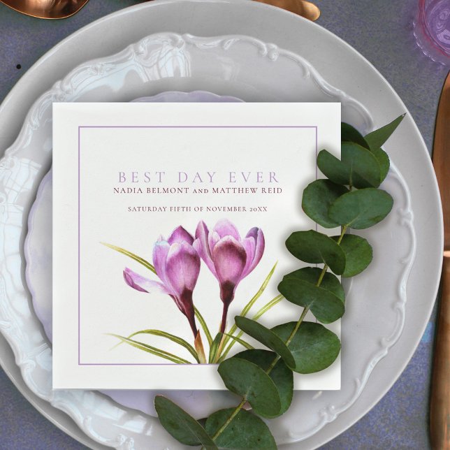 Best day ever purple crocus watercolor wedding napkin (Creator Uploaded)