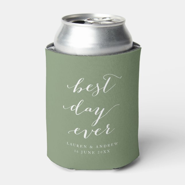 Best Day Ever Sage Green Calligraphy Wedding Can C Can Cooler (Can Front)