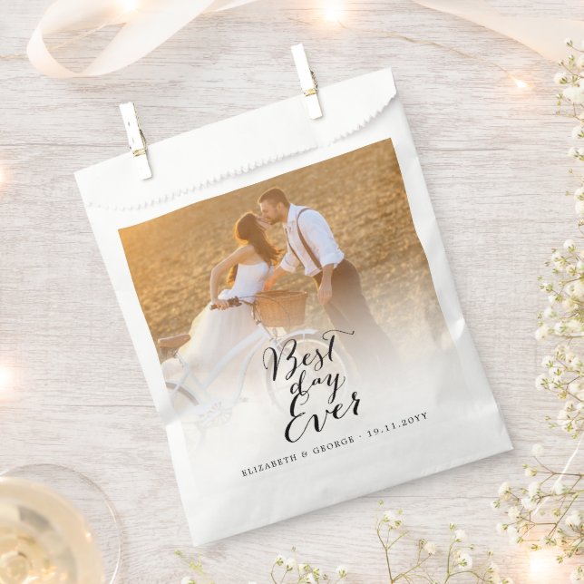 Best Day Ever Script Calligraphy Photo Wedding Favour Bag (Clipped)