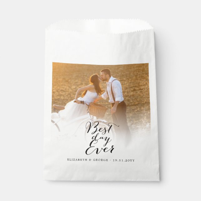 Best Day Ever Script Calligraphy Photo Wedding Favour Bag (Front)