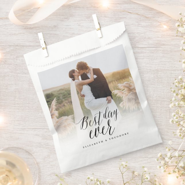 Best Day Ever Script Calligraphy Photo Wedding Favour Bag (Clipped)