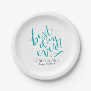 BEST DAY EVER Wedding Day   teal Paper Plate