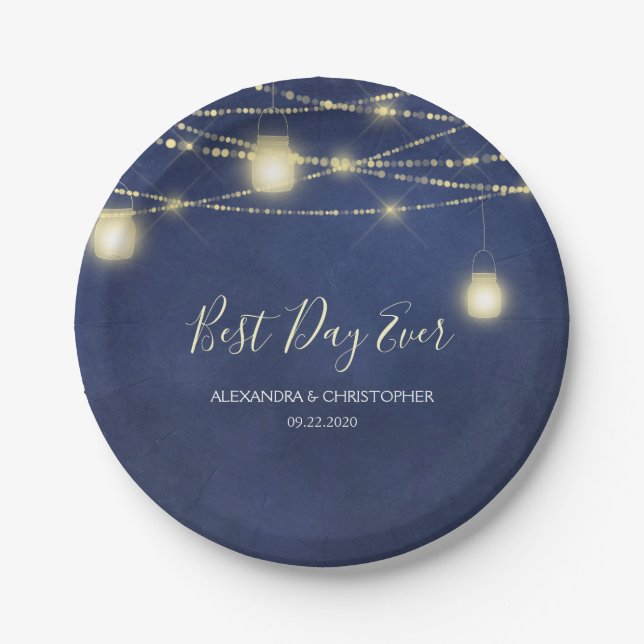 Best Day Ever Wedding Mason Jar and String Lights Paper Plate (Front)
