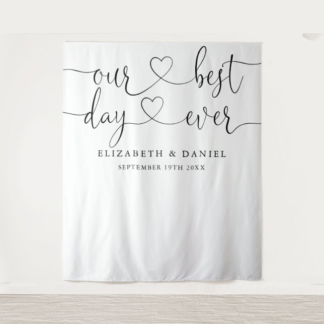 Best Day Heart Script Wedding Photo Booth Backdrop Tapestry (Front)